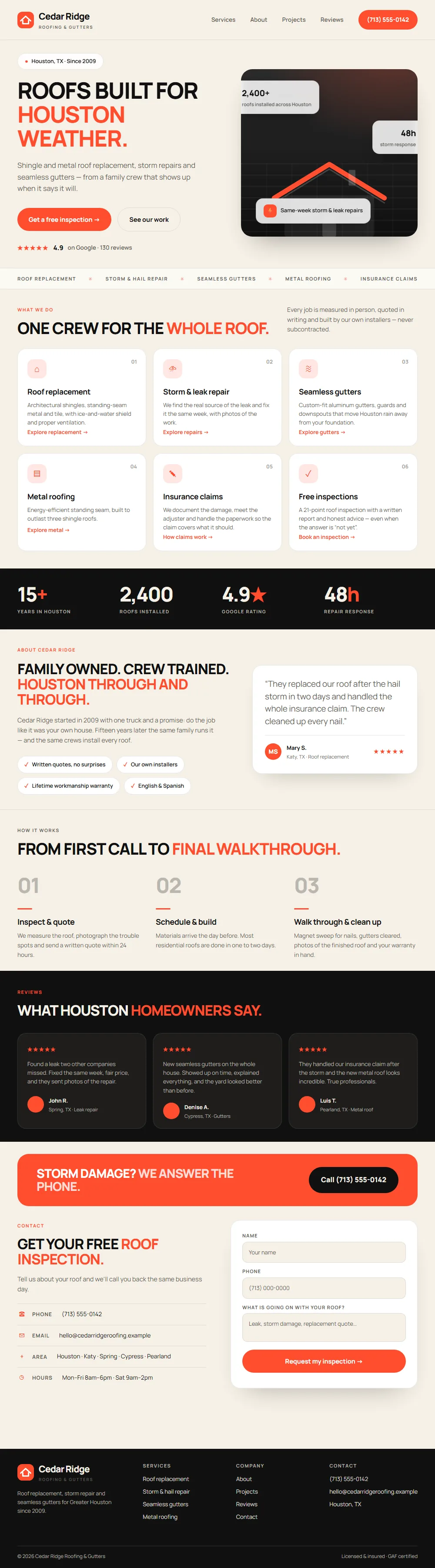 The redesigned website in a loud palette: ivory, black type and coral