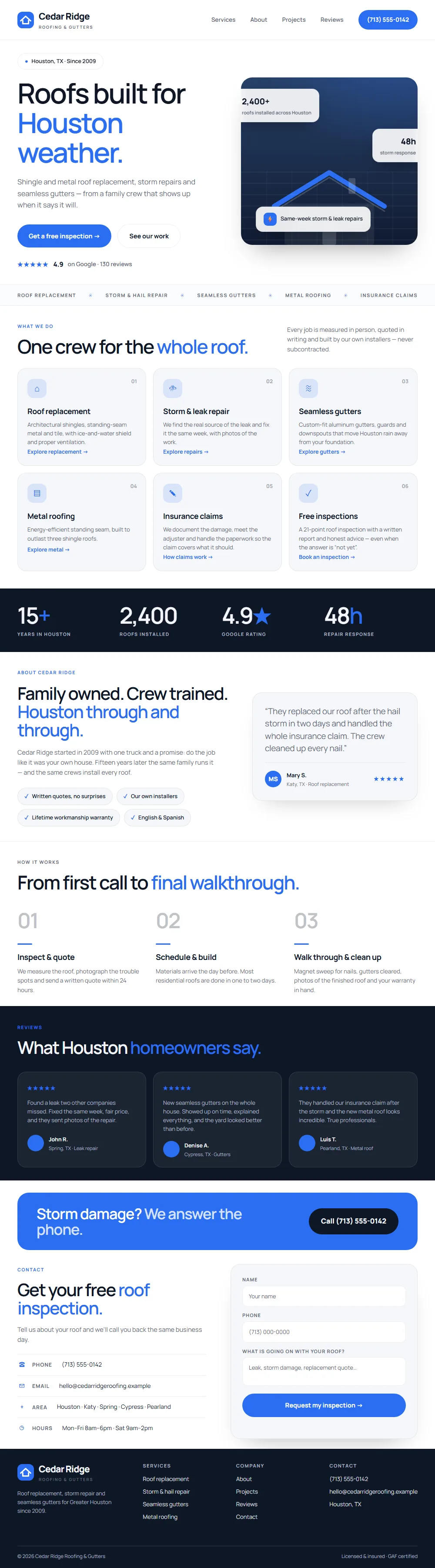 The redesigned website in a minimal palette: white, slate and electric blue