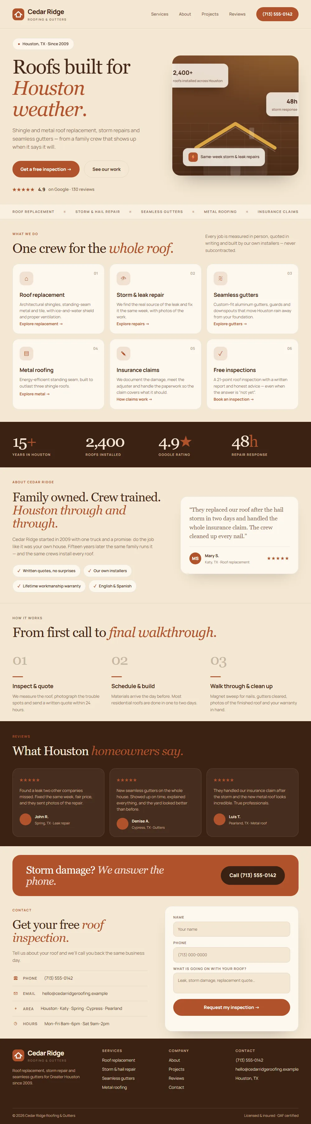 The redesigned website in a warmer palette: sand, rust and gold