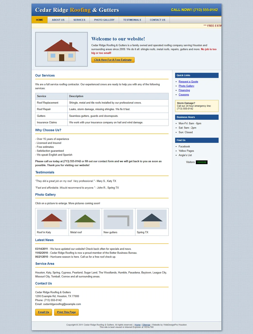 The original Cedar Ridge Roofing website: a dated layout with a gradient header, a marquee and a visitor counter